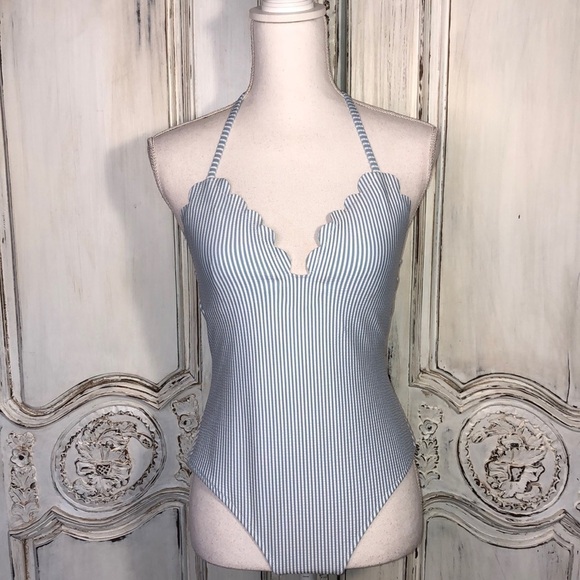 Jessica Simpson Baby Blue and White Stripe Scallop Neckline One Piece Swimsuit - Picture 1 of 10
